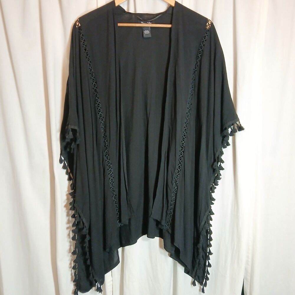 Marcus Adler Black Open Front Kimono Cover Up W/Tassels One Size Fits Most